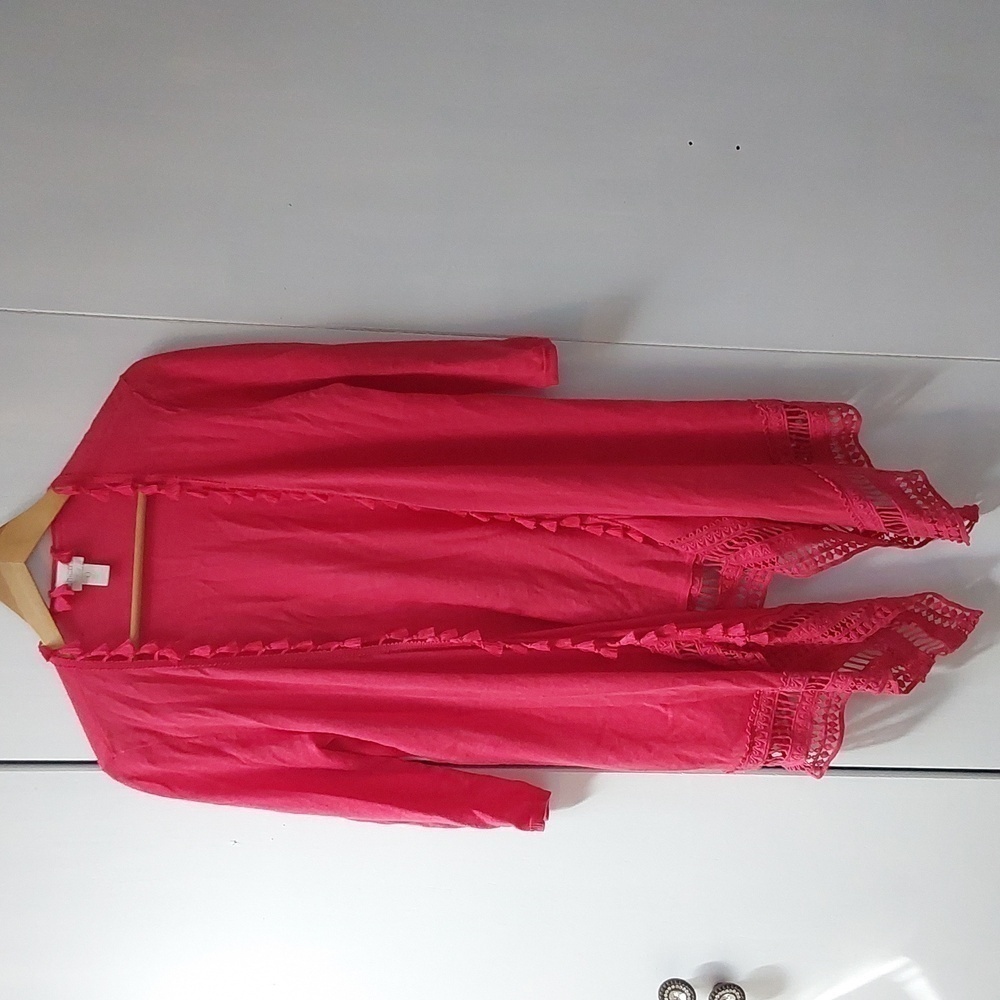Chicos Linen Red/Pink Open Kimono Shawl Poncho Tassels Boho Beach Sz.0S
